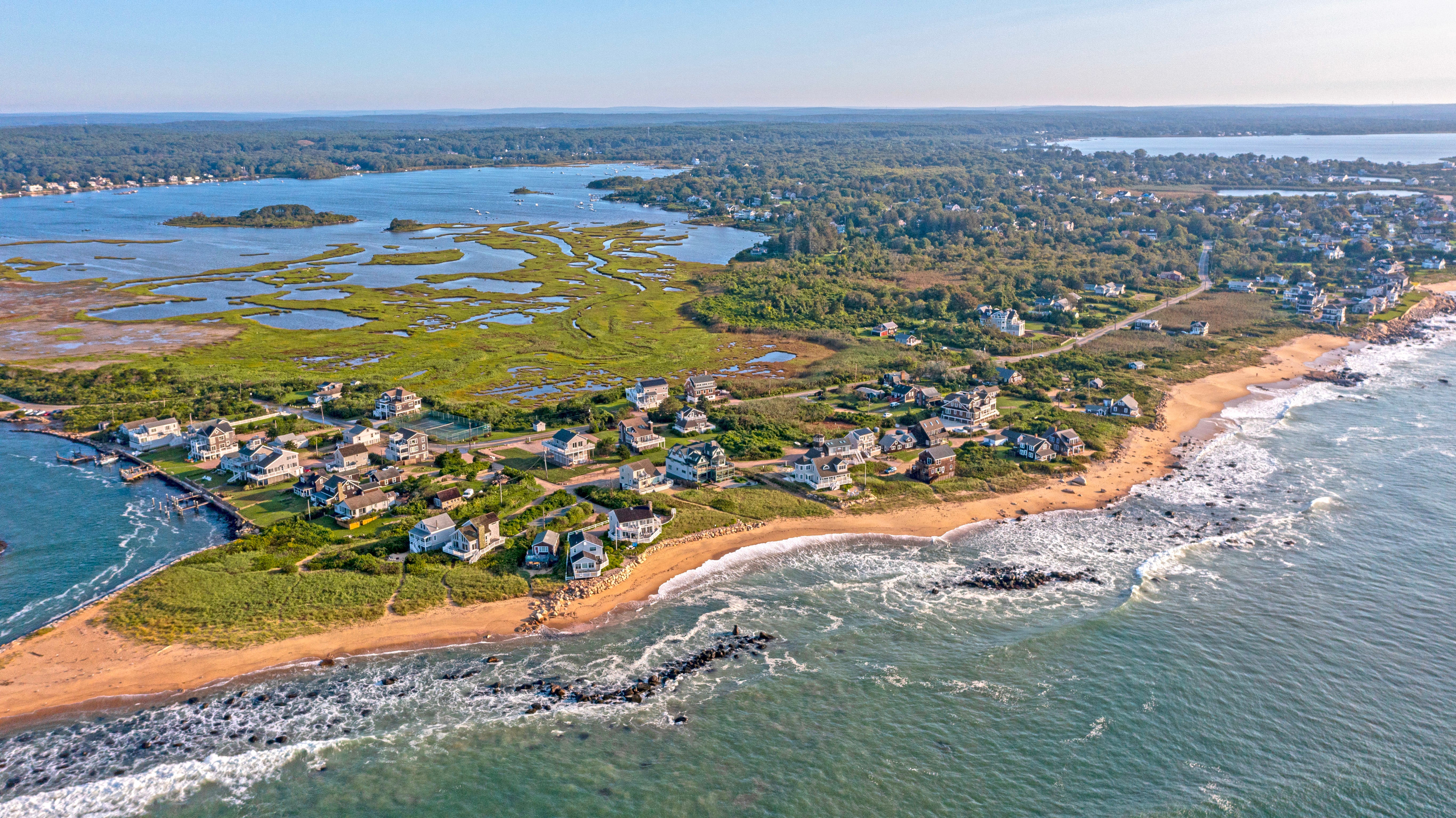 Aerial photo overlooking the ocean and Central Beach in Charlestown, RI